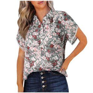Casual Boho Floral Print Tshirt Tulips Short Sleeve Half Button Down V Neck